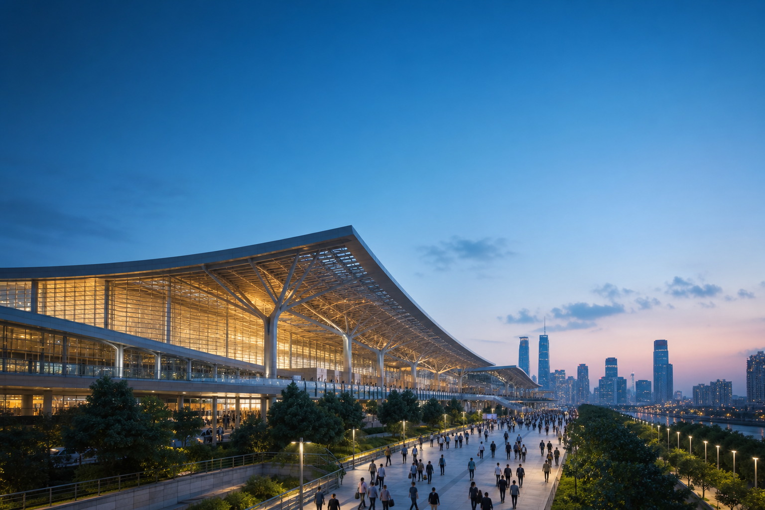 Contemporary Guangzhou exhibition complex at blue hour